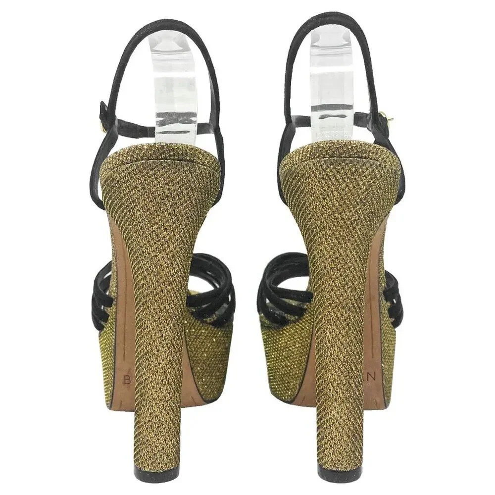 Alexandre Birman Platform Sandals‎ Black Suede Gold Metallic Size 37/ US 7